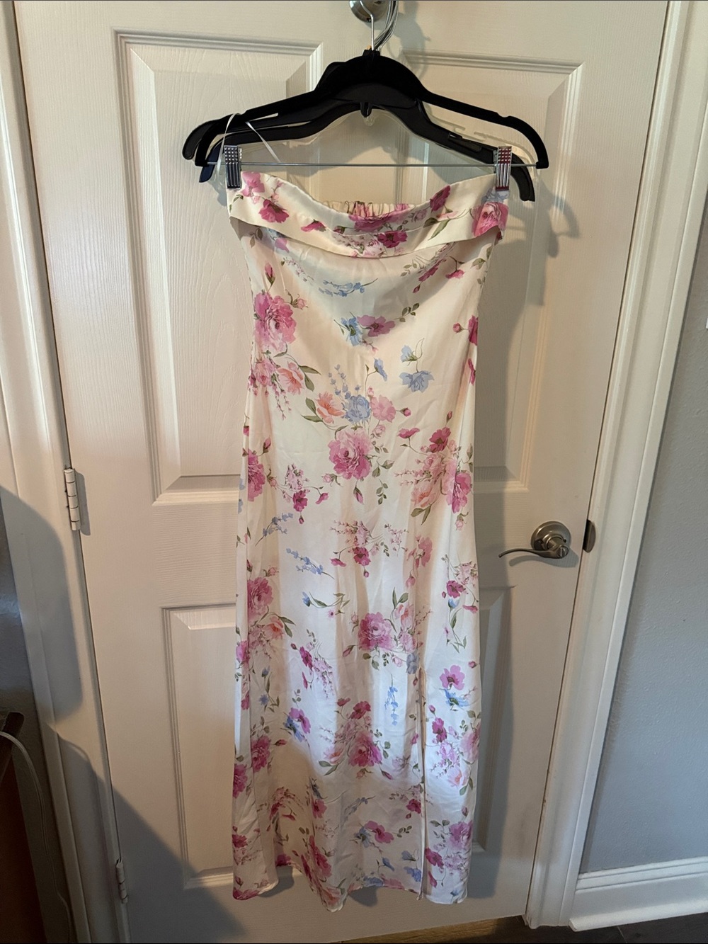 Altar'd State Cream Strapless Floral Maxi Dress with Pink Blooms